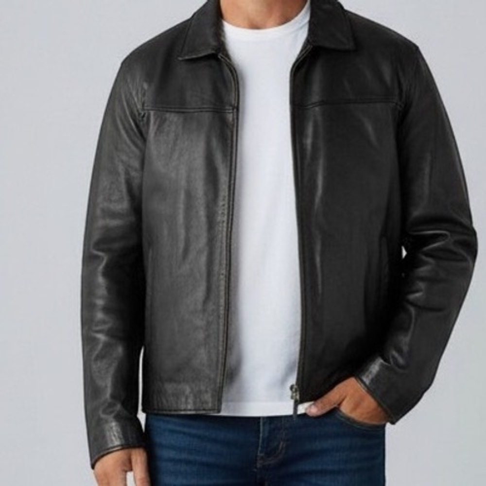 Dockers Leather Jacket Mens XL Black Cowhide Full Zip Collared Bomber RN 74847